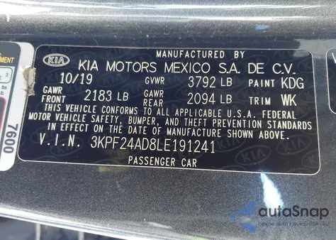 2020 Kia Forte Fe из США, поврежденный, VIN 3KPF24AD8LE191241